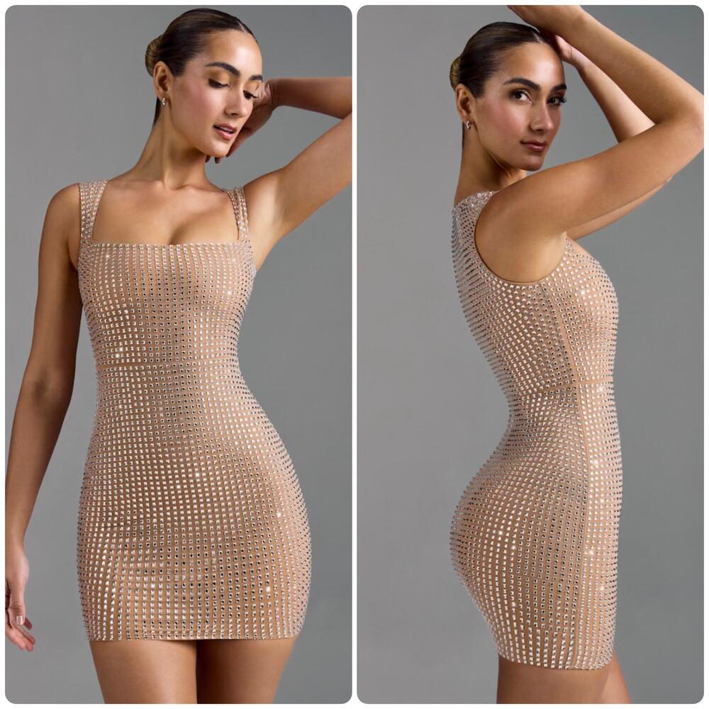 Oh Polly Sindre Embellished Square-Neck Mini Dress in Almond size 2 New